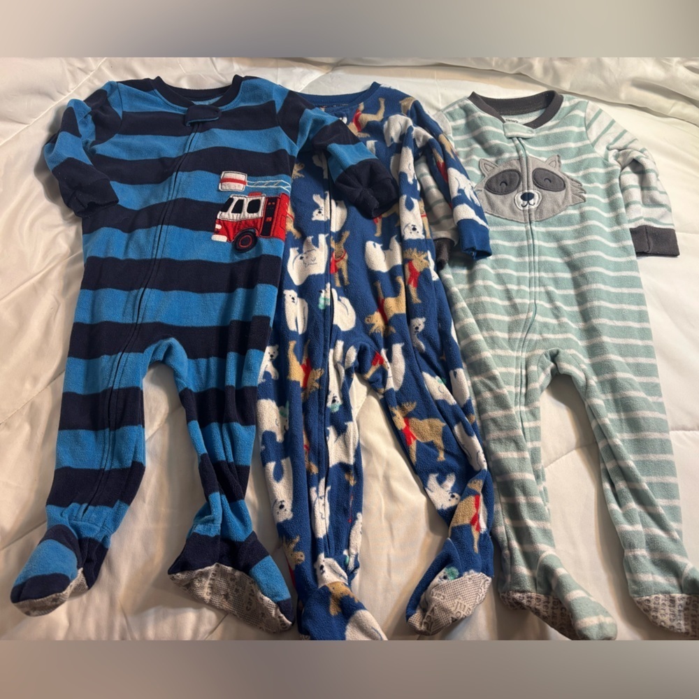 Set of 3 Carters 18 months footie sleepers pajamas- raccoon, bears, fire truck